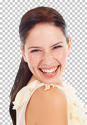 Buy stock photo Portrait, beauty and funny with a woman laughing isolated on a transparent background for fashion or style. Face, trendy and comedy with a young female comic on PNG for humor or carefree joking