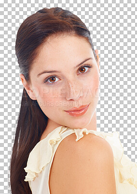 Buy stock photo Portrait, beauty and smile with a cute woman isolated on a transparent background for fashion or style. Natural face, trendy and makeup with a happy young female person on PNG for skincare cosmetics