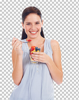 Buy stock photo Fruit, salad and woman in portrait, healthy food and diet isolated on transparent png background. Young female model, detox and eating breakfast with self care, nutrition and health with wellness