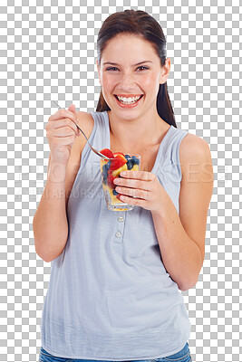 Buy stock photo Happy woman, eating fruit and salad for diet, healthy food and nutrition isolated on png transparent background. Young female person, lose weight and hungry with organic snack for health and wellness