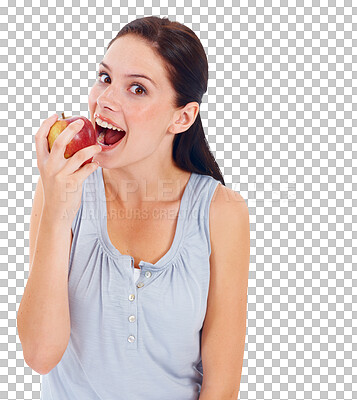 Buy stock photo Eating apple, portrait and health woman with healthy food to lose weight, diet or detox for health care. Wellness, red fruit and happy face of young vegan girl isolated on transparent png background