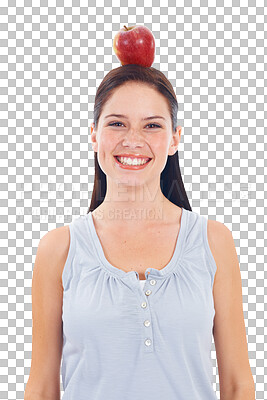 Buy stock photo Apple, head and portrait with balance and woman in png or isolated and transparent balance for healthy eating. Happy face, vegan and fruit for wellness or nutrition, weight loss and vitamins.