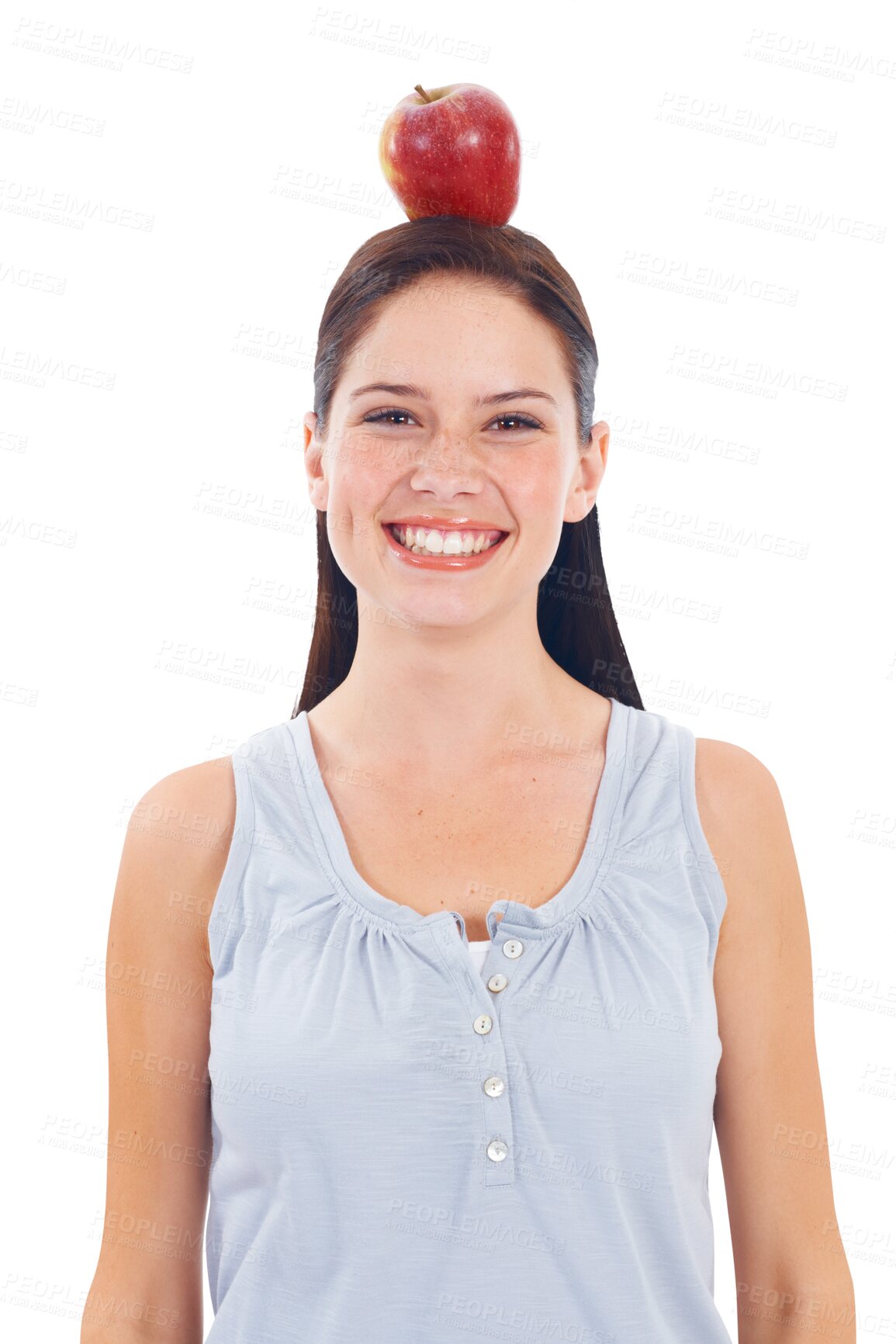 Buy stock photo Apple, head and portrait with balance and woman in png or isolated and transparent balance for healthy eating. Happy face, vegan and fruit for wellness or nutrition, weight loss and vitamins.