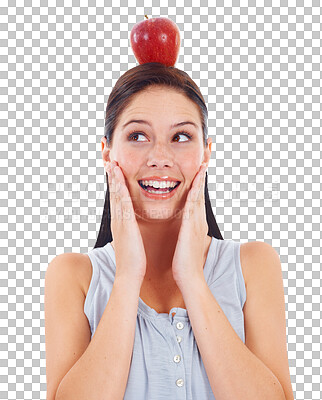 Buy stock photo Happy face, balance and apple on head for diet in png or isolated and transparent background. Vegan, female nutritionist and happiness with fruit to lose weight, detox, snack and organic food.
