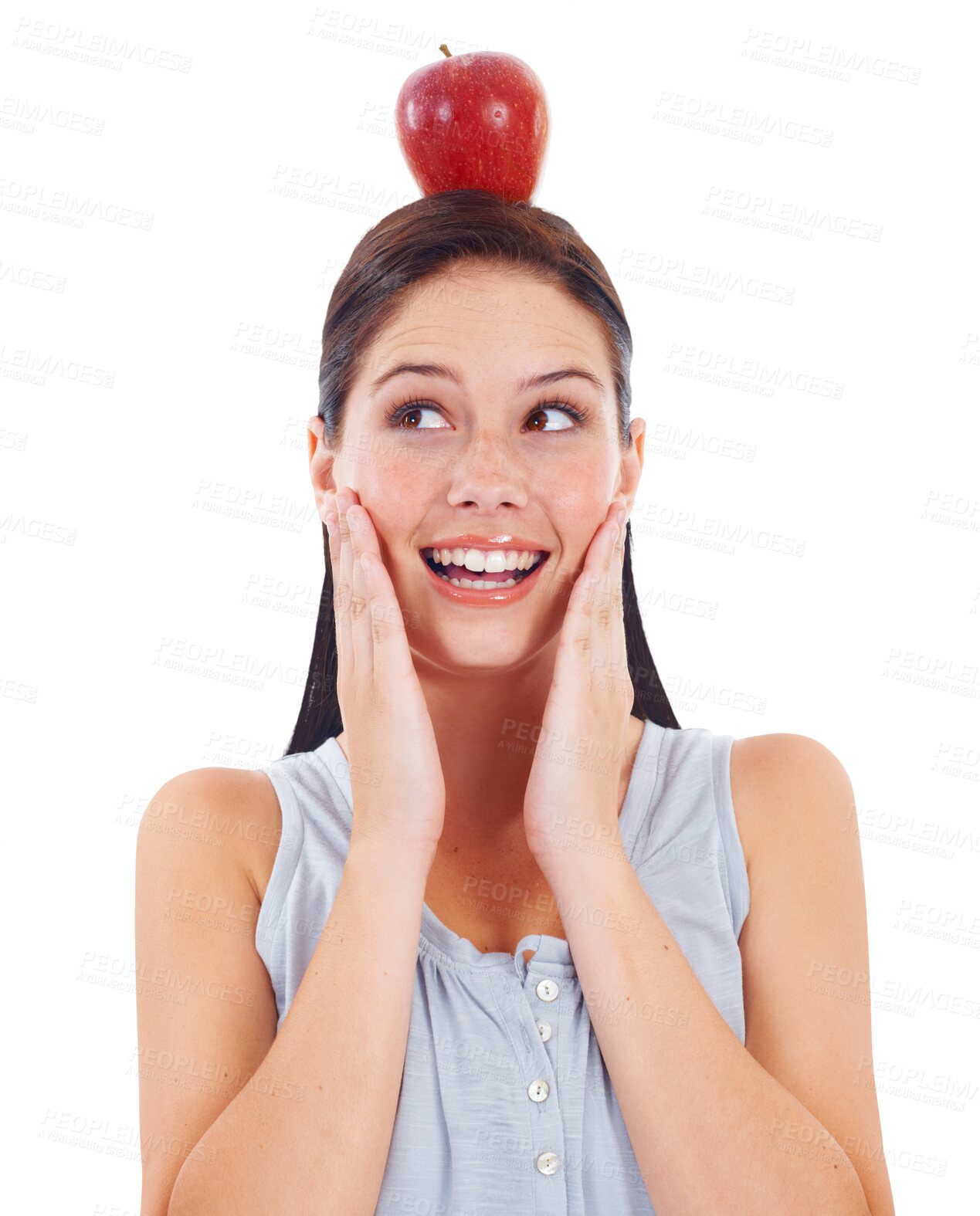 Buy stock photo Happy face, balance and apple on head for diet in png or isolated and transparent background. Vegan, female nutritionist and happiness with fruit to lose weight, detox, snack and organic food.
