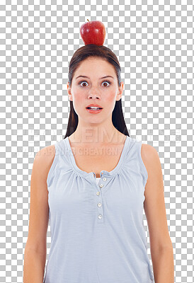 Buy stock photo Shocked face, woman and balance with apple on head in png or isolated and transparent background. Portrait, surprised and vegan with female nutritionist for diet, wellness, detox and weight-loss.