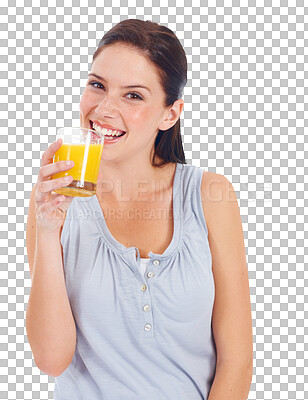 Buy stock photo Woman in portrait, juice in glass and health, wellness and fruit drink isolated on png transparent background. Young female person with healthy beverage, diet and detox with hydration and vitamin c