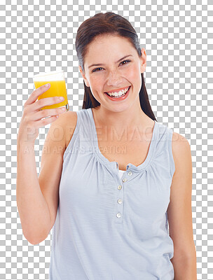 Buy stock photo Woman, orange juice in glass and gut health, nutrition with wellness and fruit drink isolated on png transparent background. Female person with healthy beverage, diet with hydration and vitamin c