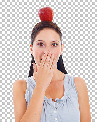 Buy stock photo Surprised, woman and balance with apple on head in png or isolated and transparent background with healthy snack. Portrait, vegan health and shocked with girl or fruit or nutritionist with omg face.