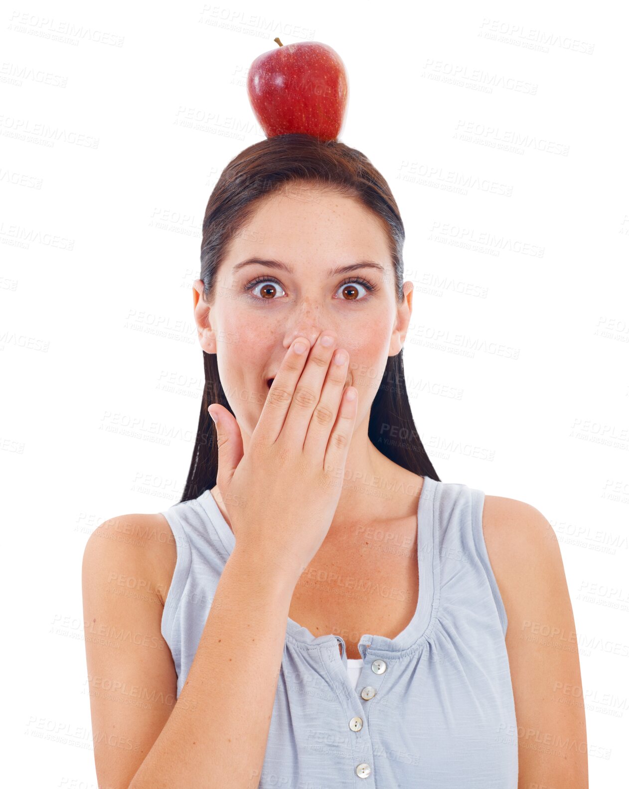 Buy stock photo Surprised, woman and balance with apple on head in png or isolated and transparent background with healthy snack. Portrait, vegan health and shocked with girl or fruit or nutritionist with omg face.