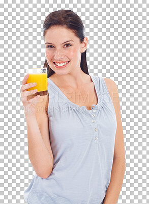 Buy stock photo Portrait, orange juice and woman with nutrition, smile and girl isolated against a transparent background. Face, female person and model with a liquid detox, citrus and drink with vitamin c and png