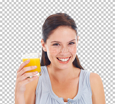 Buy stock photo Happy woman, portrait smile and orange juice for vitamin C isolated on a transparent PNG background. Healthy female person smiling with glass of drink for natural citrus beverage, diet or nutrition