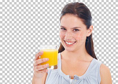 Buy stock photo Portrait, smile and woman with orange juice, health and model isolated on a transparent background. Face, female person or girl with hydration liquid, natural detox or wellness with png and nutrition