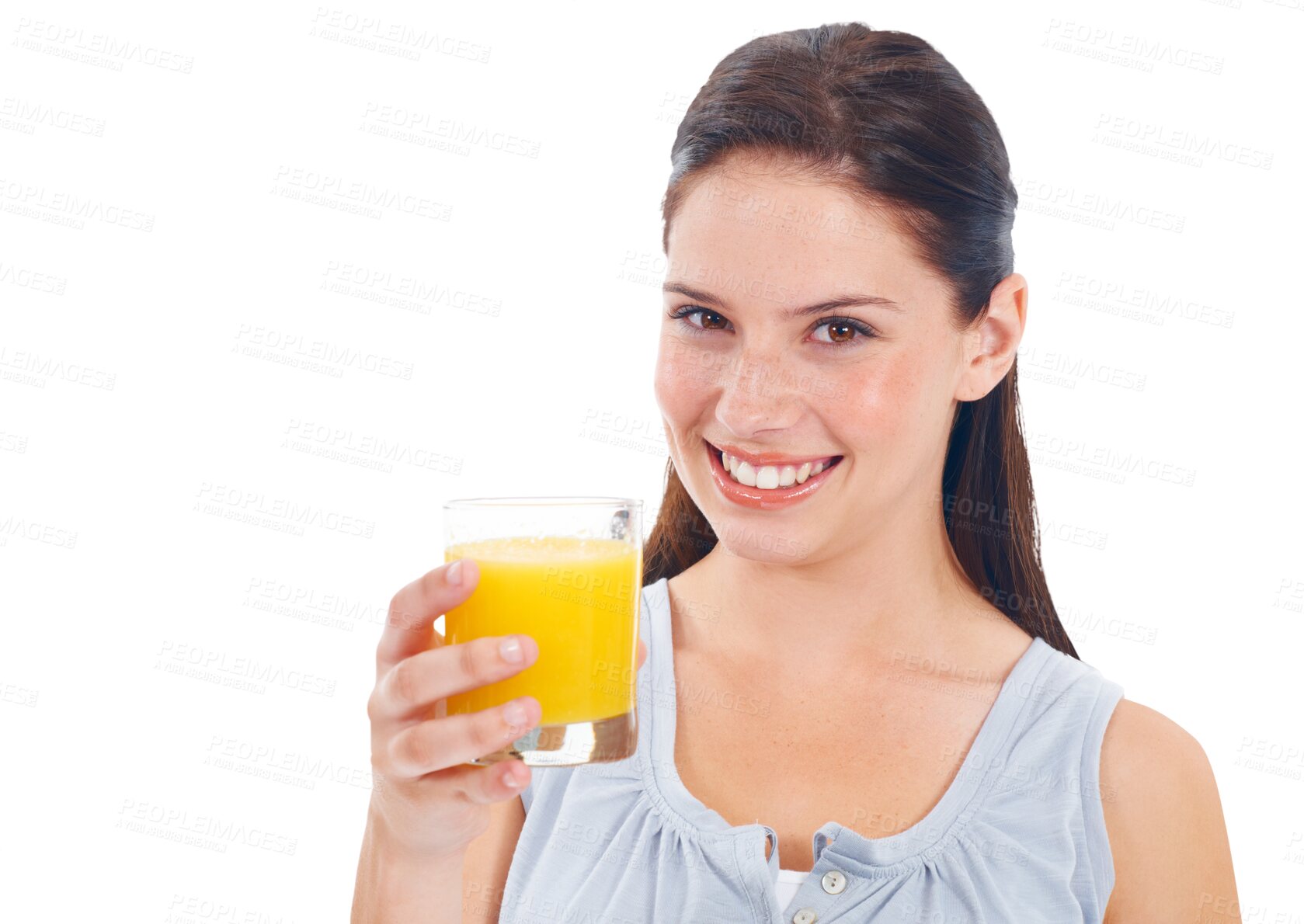 Buy stock photo Portrait, smile and woman with orange juice, health and model isolated on a transparent background. Face, female person or girl with hydration liquid, natural detox or wellness with png and nutrition