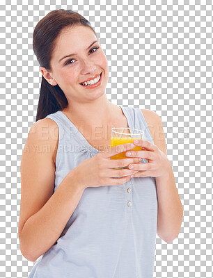 Buy stock photo Happy woman, portrait and orange juice for vitamin C or diet isolated on a transparent PNG background. Healthy female person smiling with glass of drink for natural citrus fruit beverage or nutrition