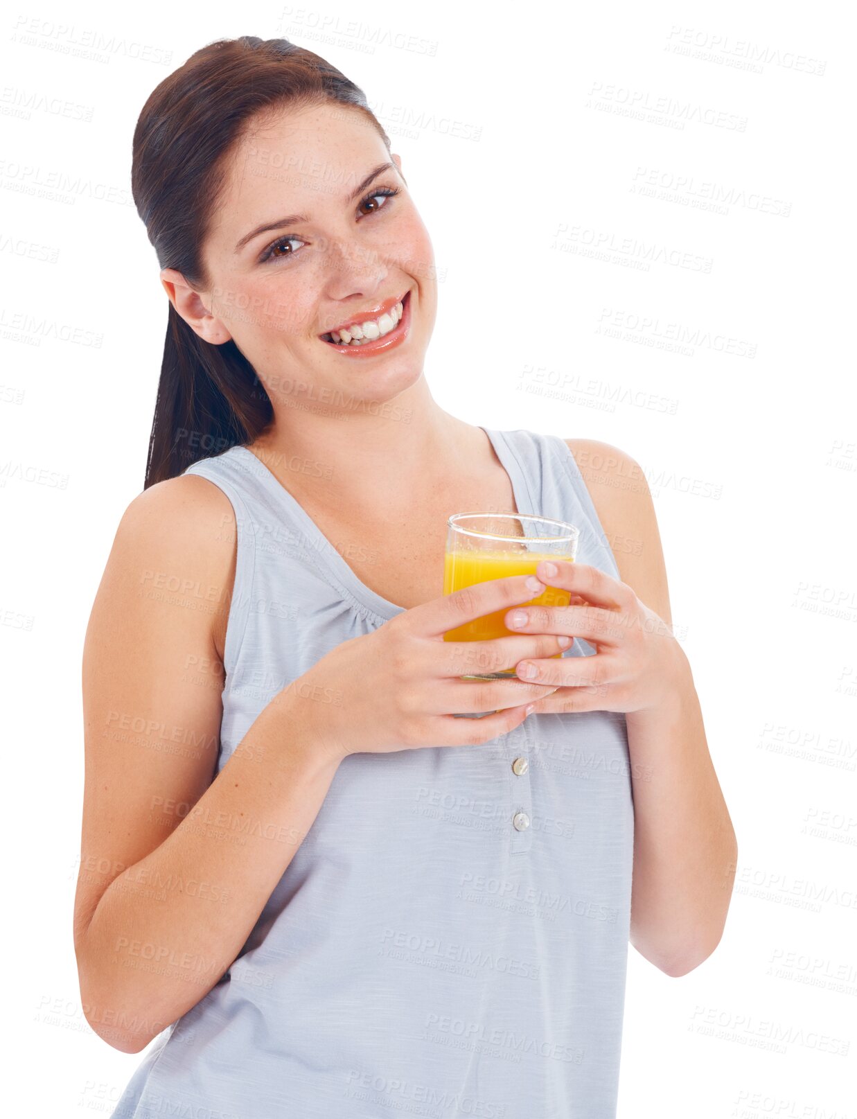 Buy stock photo Happy woman, portrait and orange juice for vitamin C or diet isolated on a transparent PNG background. Healthy female person smiling with glass of drink for natural citrus fruit beverage or nutrition