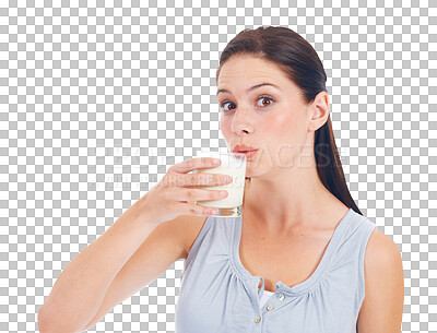 Buy stock photo Portrait, woman and drink glass of milk for healthcare benefits, bone wellness, protein and nutrition. Calcium, dairy product and nutritionist face or person isolated on transparent png background