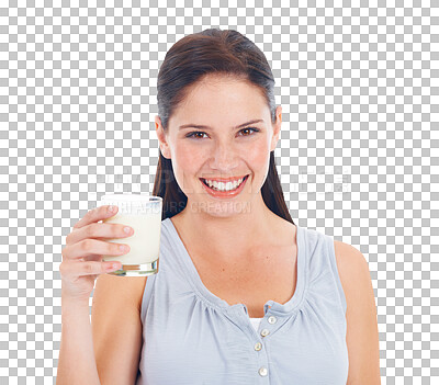 Buy stock photo Woman in portrait, milk in glass and health for nutrition and vitamin d isolated on transparent png background. Wellness, digestion and calcium, female person smile with milkshake and dairy drink