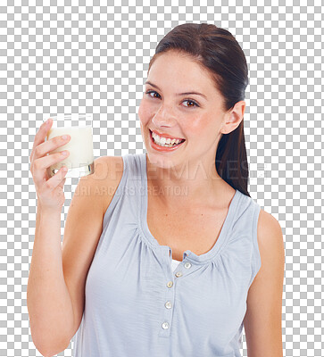 Buy stock photo Glass, milk and happy portrait of woman for healthy drink, bone benefits and detox or protein and nutrition. Calcium, dairy and smile on face of young person isolated on transparent, png background