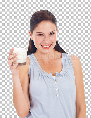 Buy stock photo Smile, face and woman with glass of, milk for healthy drink, bone benefits and detox or protein and nutrition. Calcium, dairy and happy portrait of young person isolated on transparent png background