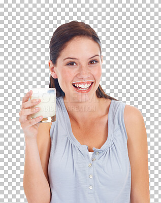 Buy stock photo Portrait, milk mustache and smile with a woman drinking from a glass isolated on a transparent background. Face, happy and calcium with an attractive young person on PNG to drink dairy for health