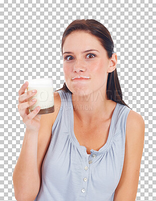 Buy stock photo Health, milk and breakfast with portrait of woman on transparent background for vitamin d, calcium and diet. Nutrition, dairy and food with female person isolated on png for energy, vanilla and drink