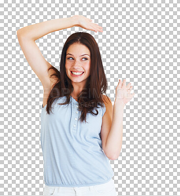 Buy stock photo Excited, happy and a young woman dancing with a smile and hands to celebrate energy or happiness. Female model person dance isolated on a transparent, png background and thinking of fun personality