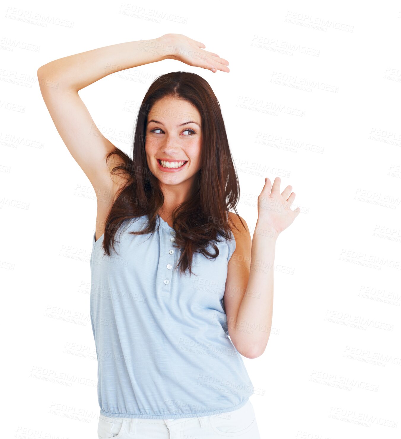 Buy stock photo Excited, happy and a young woman dancing with a smile and hands to celebrate energy or happiness. Female model person dance isolated on a transparent, png background and thinking of fun personality