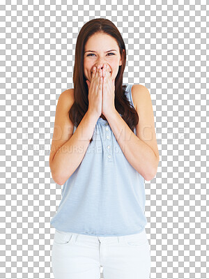 Buy stock photo Surprise, portrait of a woman and laugh isolated against a transparent png background. Shocked or omg facial expression, happiness or funny joke and young female person cover her face for wow