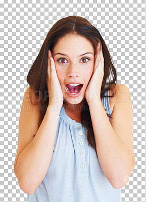 Buy stock photo Portrait, wow and emoji with a shocked woman isolated on a transparent background for reaction to news. Face, surprise and gossip with an attractive young female person looking amazed on PNG