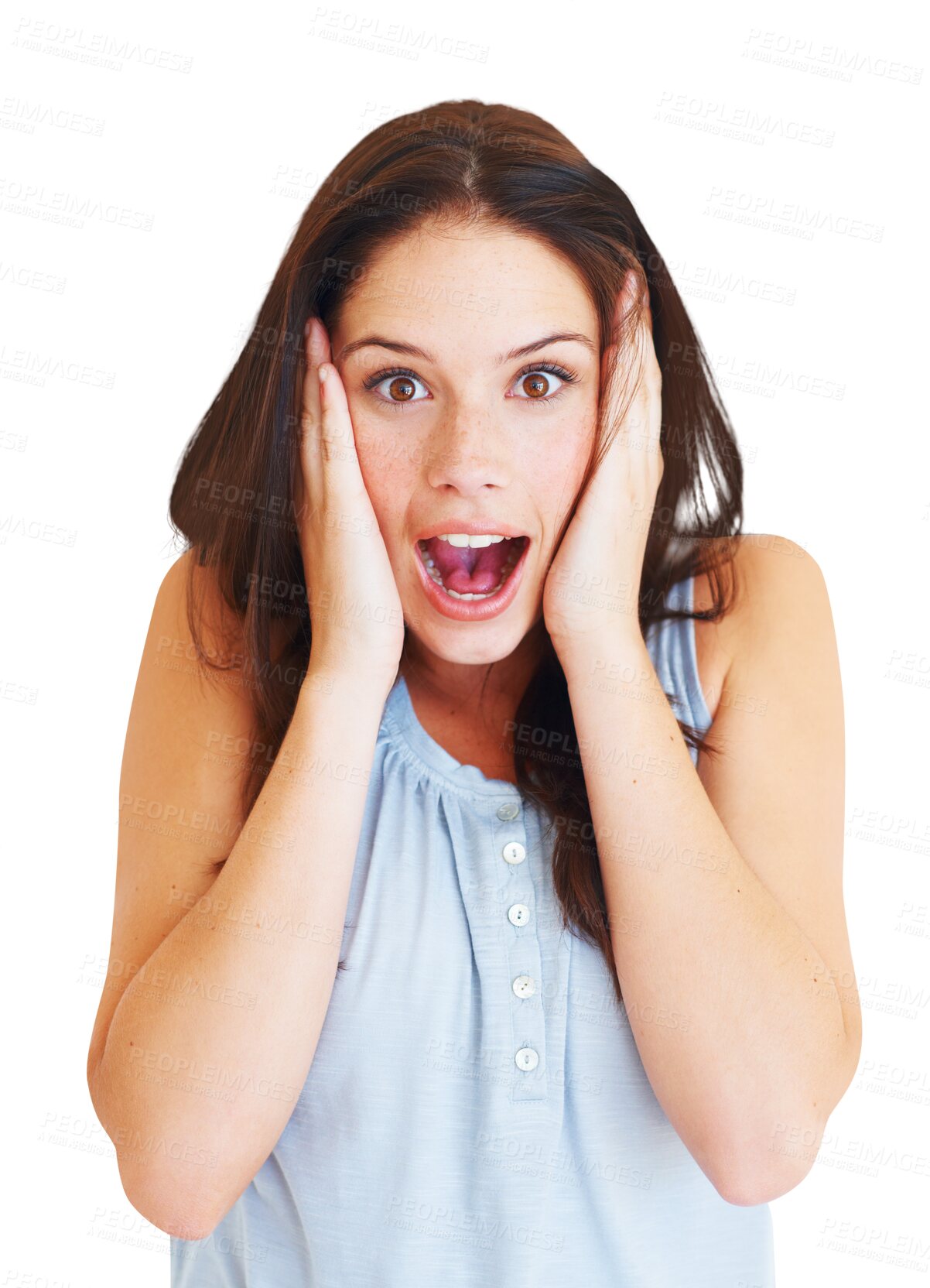 Buy stock photo Portrait, wow and emoji with a shocked woman isolated on a transparent background for reaction to news. Face, surprise and gossip with an attractive young female person looking amazed on PNG