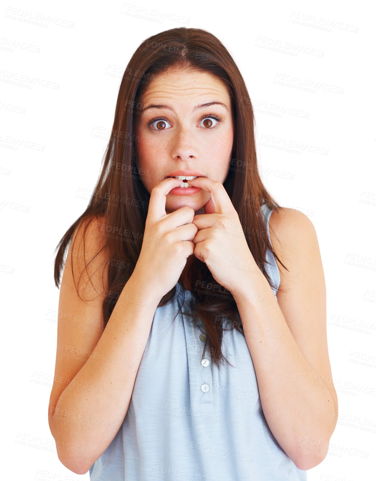 Buy stock photo Anxiety, nervous and biting nails with portrait of woman on transparent background for fear, stress and shocked. Mental health, scared and problem with face of female person isolated on png for worry