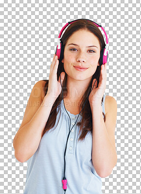 Buy stock photo Happy, headphones and a woman listening to music with a smile for audio, radio or sound. Portrait of young female person with mp3 headset to listen to song isolated on a transparent, png background