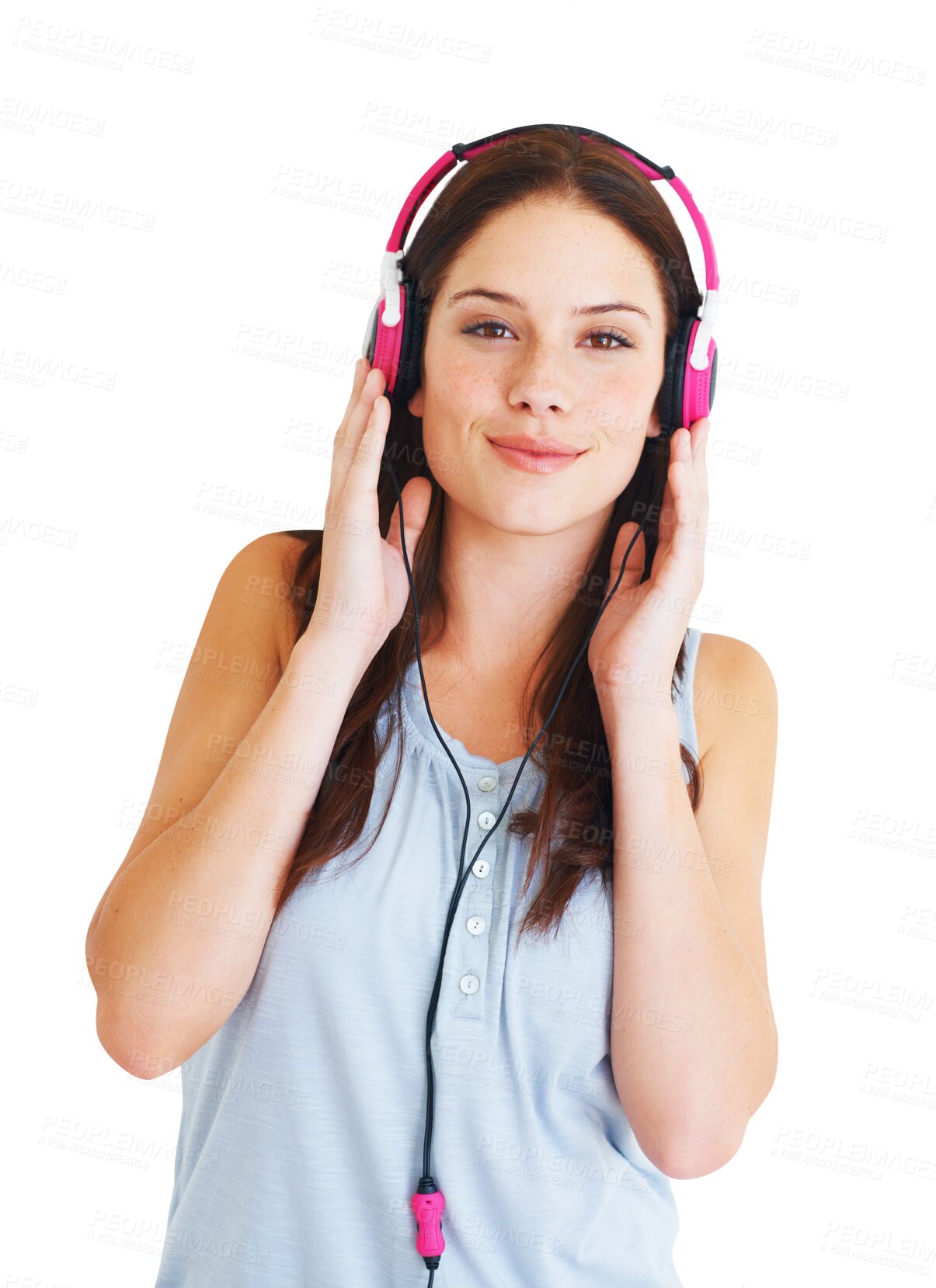 Buy stock photo Happy, headphones and a woman listening to music with a smile for audio, radio or sound. Portrait of young female person with mp3 headset to listen to song isolated on a transparent, png background