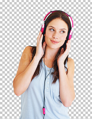 Buy stock photo Thinking, headphones and a happy woman listening to music with a smile for audio, radio or sound. Young female person with mp3 headset to listen to a song isolated on a transparent, png background