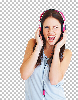 Buy stock photo Music, headphones and singer with face of woman on transparent background for streaming, rock and audio. Radio, energy and media with female person isolated on png for technology, podcast and sound