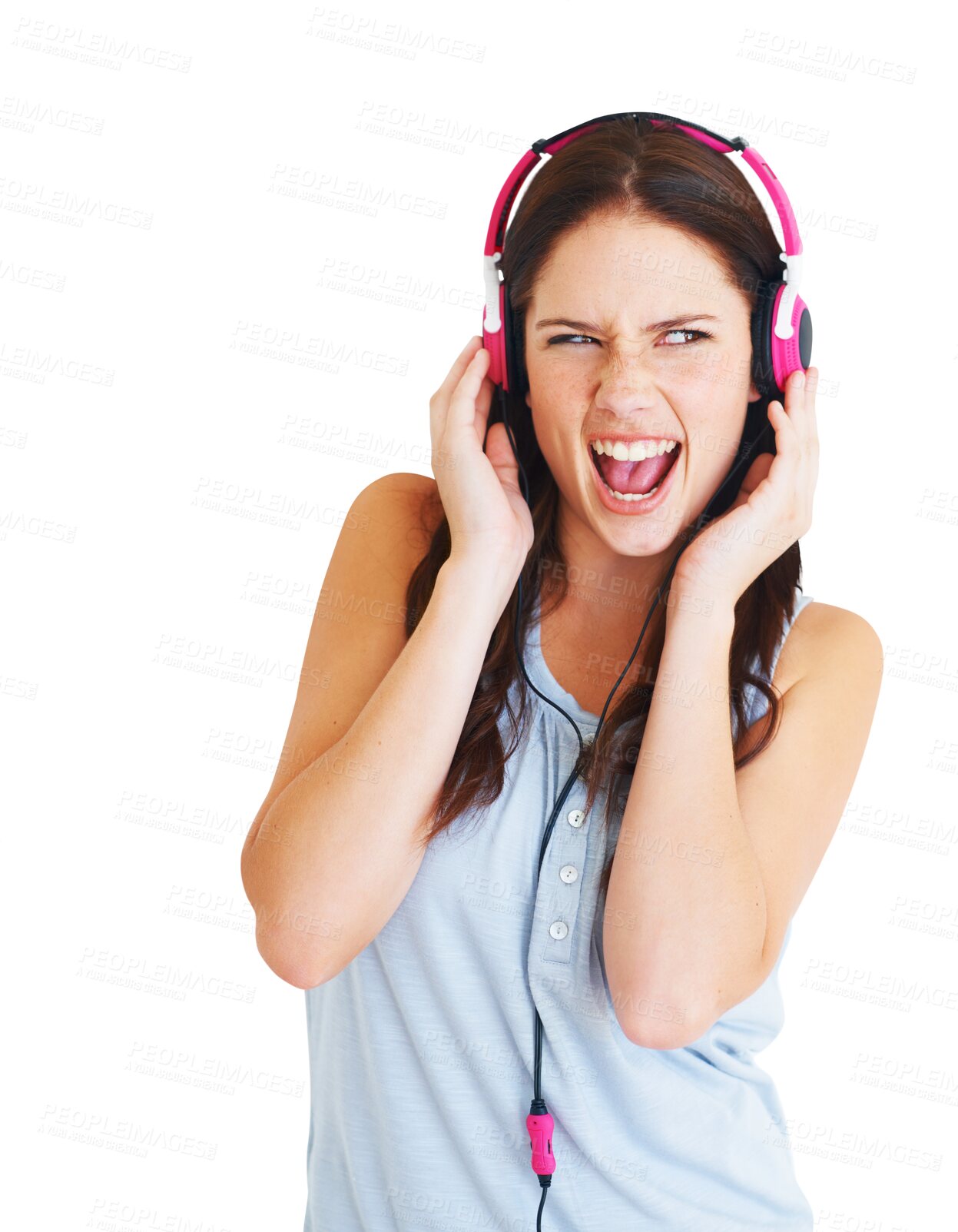 Buy stock photo Music, headphones and singer with face of woman on transparent background for streaming, rock and audio. Radio, energy and media with female person isolated on png for technology, podcast and sound