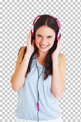 Buy stock photo Portrait, smile and woman with headphones, streaming audio and girl isolated on a transparent background. Face, female person or model with a headset, listening to a podcast or png with radio or song