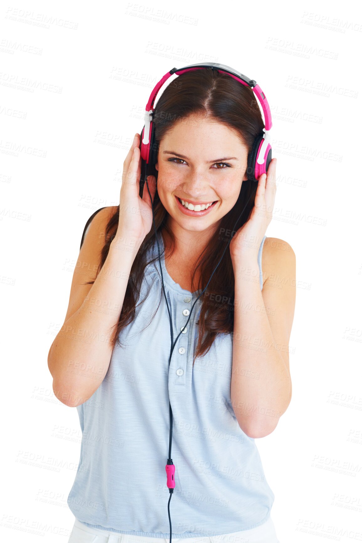 Buy stock photo Portrait, smile and woman with headphones, streaming audio and girl isolated on a transparent background. Face, female person or model with a headset, listening to a podcast or png with radio or song