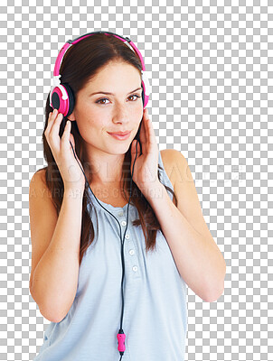 Buy stock photo Headphones, listening to music and a happy woman with a smile for audio, radio or sound. Portrait of young female person with mp3 headset to listen to a song isolated on a transparent, png background