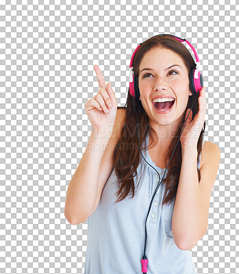 Buy stock photo Pointing, headphones and a happy woman listening to music, audio sound or radio. Young excited person with mp3 headset and hand for advertising promotion isolated on a transparent, png background