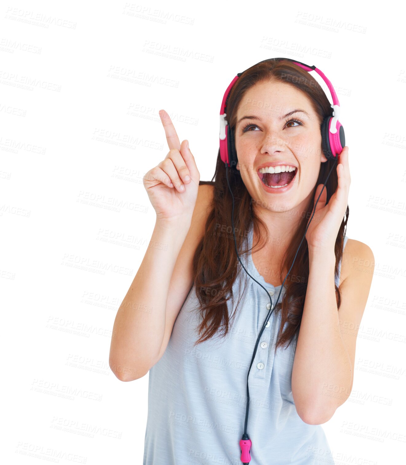 Buy stock photo Pointing, headphones and a happy woman listening to music, audio sound or radio. Young excited person with mp3 headset and hand for advertising promotion isolated on a transparent, png background