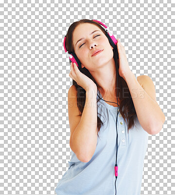 Buy stock photo Headphones, dance and woman listening to music, album or radio with freedom and confidence. Technology, calm and young female model streaming a song or playlist isolated by transparent png background