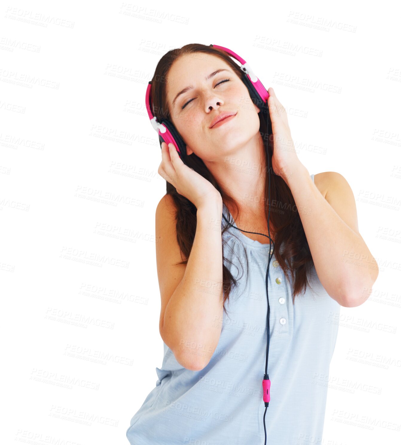 Buy stock photo Headphones, dance and woman listening to music, album or radio with freedom and confidence. Technology, calm and young female model streaming a song or playlist isolated by transparent png background