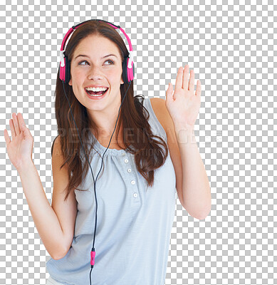 Buy stock photo Music, dancing and woman with headphones for listening to song, album or radio with freedom. Technology, dance and happy young female model streaming a playlist isolated by transparent png background