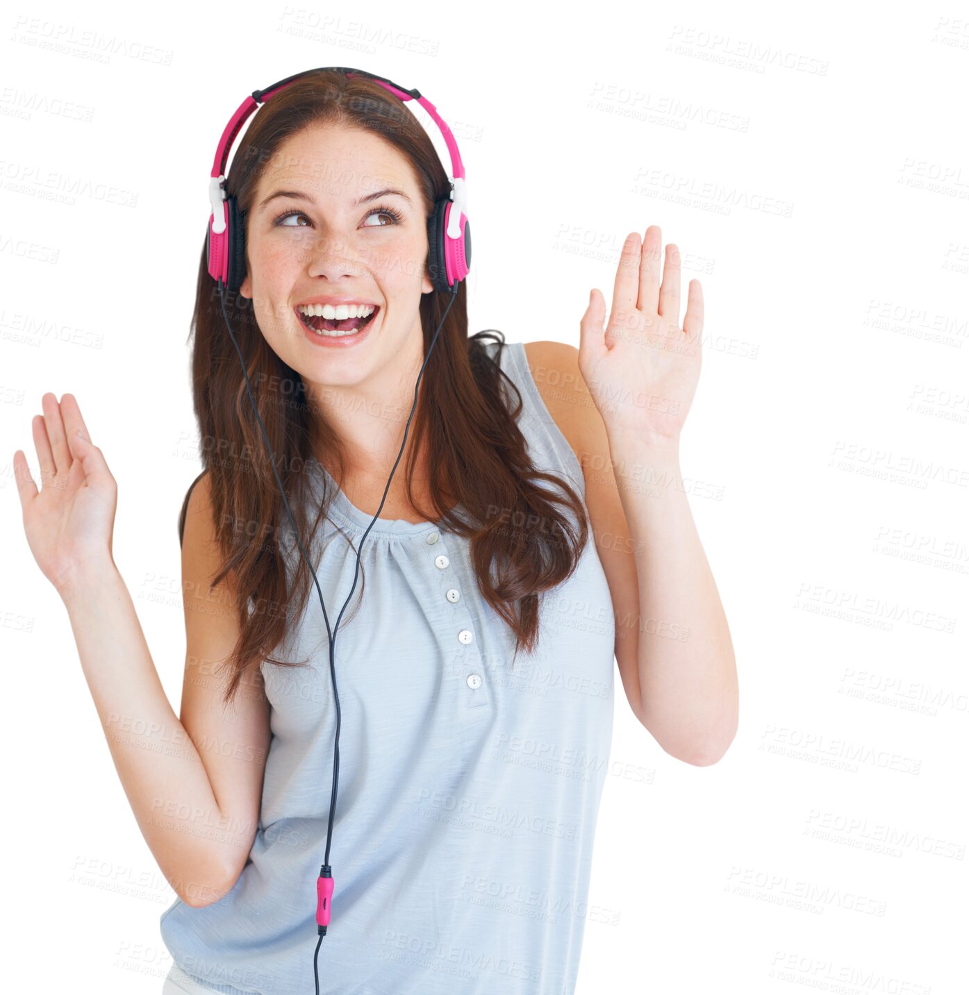 Buy stock photo Music, dancing and woman with headphones for listening to song, album or radio with freedom. Technology, dance and happy young female model streaming a playlist isolated by transparent png background