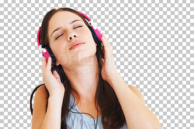 Buy stock photo Headphones, peace and woman listening to album, music or radio with freedom and confidence. Technology, calm and young female model streaming a song or playlist isolated by transparent png background