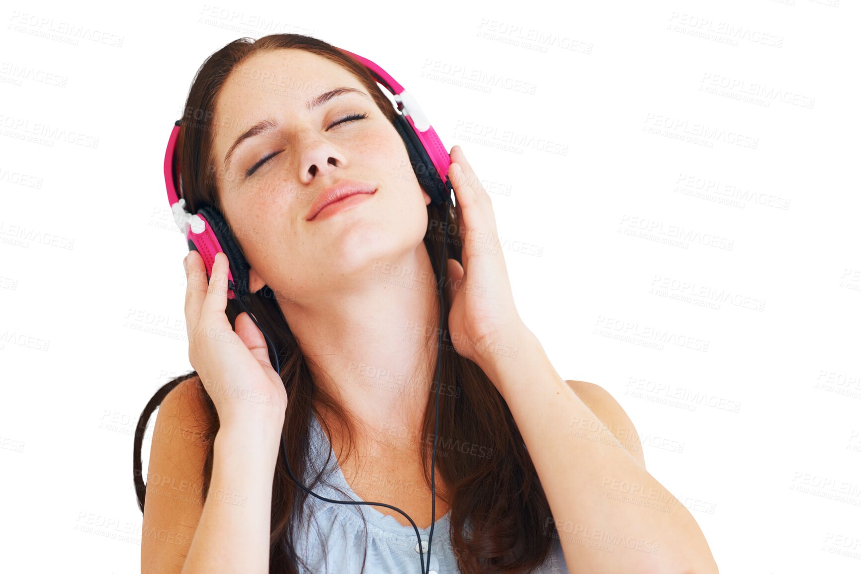 Buy stock photo Headphones, peace and woman listening to album, music or radio with freedom and confidence. Technology, calm and young female model streaming a song or playlist isolated by transparent png background