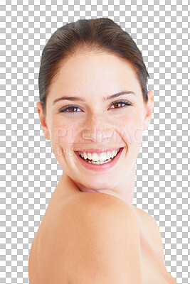 Buy stock photo Skincare, portrait and a woman and smile isolated against a transparent png background. Cosmetology or natural beauty, skin treatment or selfcare and young female person happy for health wellness