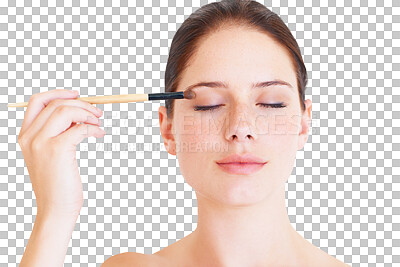 Buy stock photo Beauty, makeup and brush, eyeshadow and woman face with powder isolated on transparent png background. Cosmetics tools, skin and young female model, cosmetic product and cosmetology with shimmer